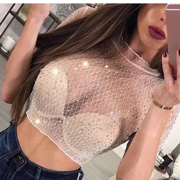 Women Rave Tie Front Sheer Feather Trim Mesh Faux Fur Crop Top Blouse Music Festivals Long Sleeve T Shirt
